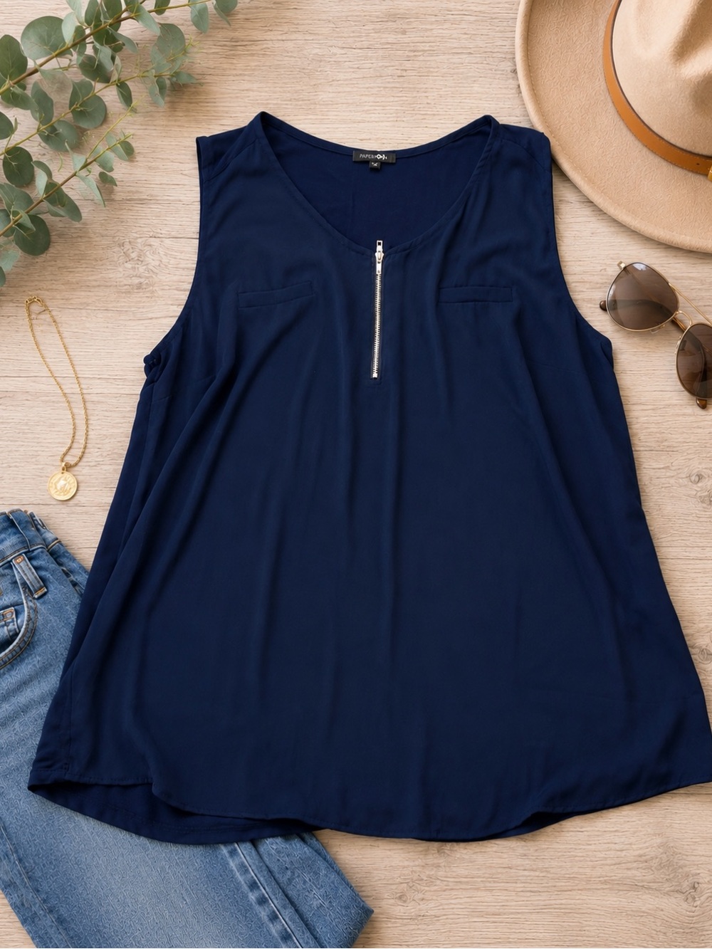 Papermoon Navy Blue Sleeveless Zip Front Blouse Tank Top Women’s 2X Business